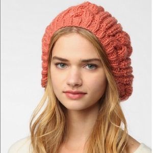 Magenta thick cable knit beret beanie winter hat